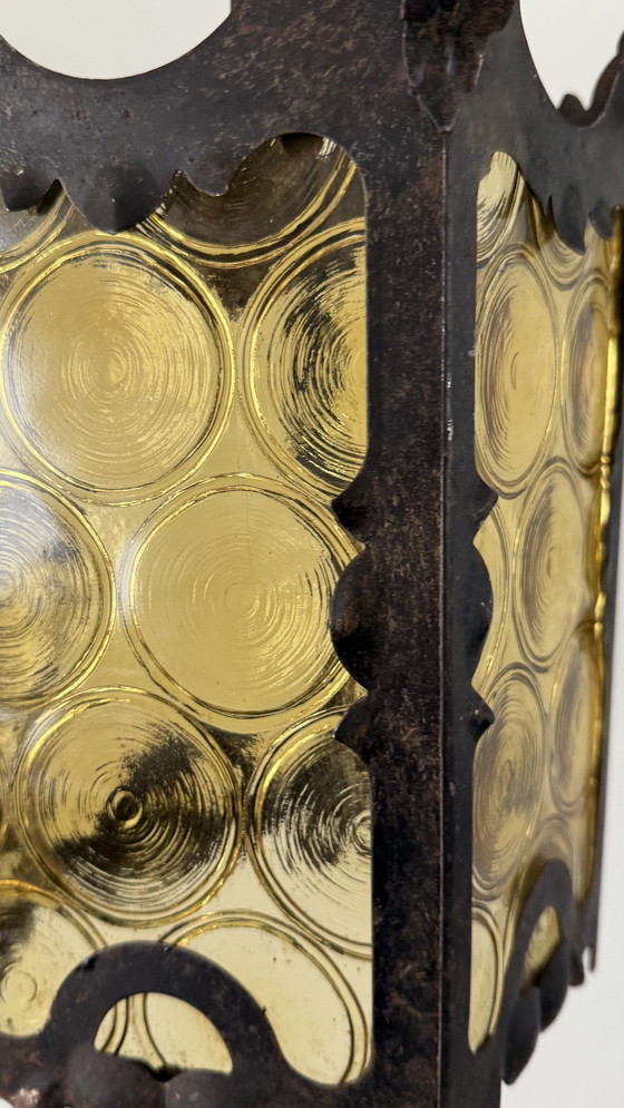 Image 1 of Lanterne italienne en fer forgé et verre d'art ambré - années 1960