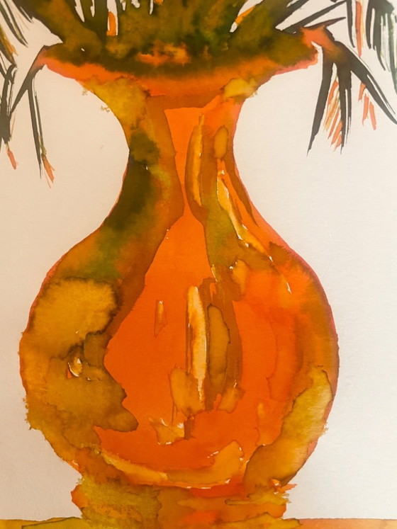 Signed Still Life Painting "Provençal Jar Adorned with Plants" – P. Fenilhac, Paintings & Drawings, Paper (photo 4 of 9)