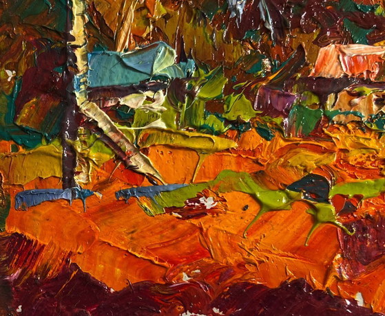 Image 1 of Original Oil Painting Evening Field Landscape Crimson autumn in the village