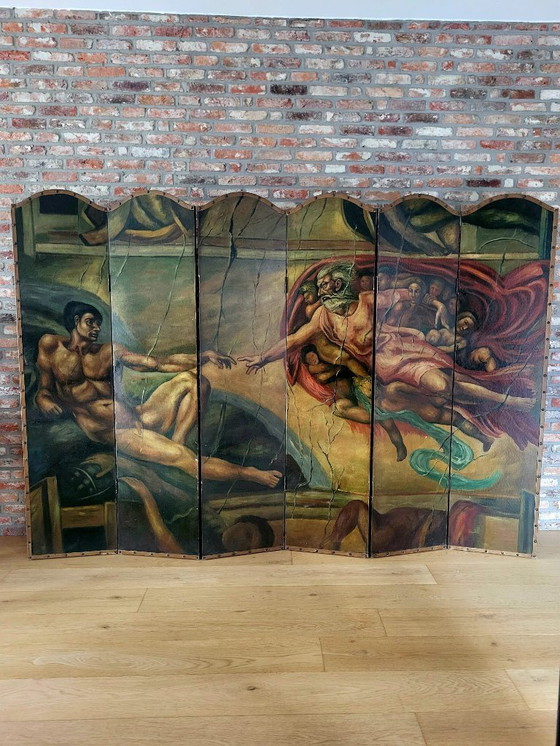 Image 1 of Zeldzaam handgeschilderd Art Deco kamerscherm – in de stijl van Michelangelo’s “Schepping van Adam” (ca. 1920–1935)