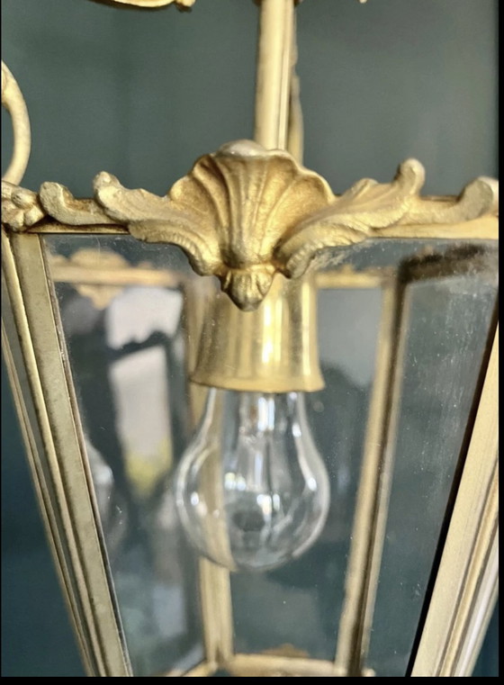 Image 1 of Jugendstil Hängelaterne Aus Vergoldeter Bronze Und Glasfacetten 1900