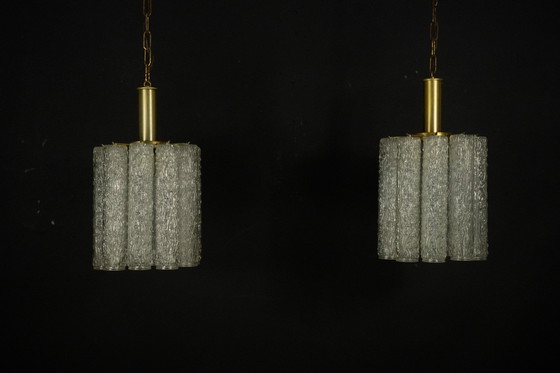 Image 1 of Pair of Murano Glass and Brass Chandeliers in the Style of Toni Zuccheri, Italy 1970s