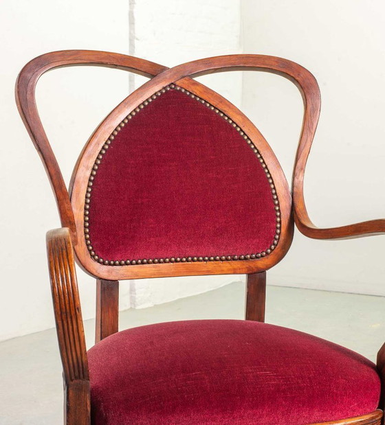 Image 1 of Red Velvet Heartshaped Wooden Vintage Design Side Chairs. Set of 2. 1950s.