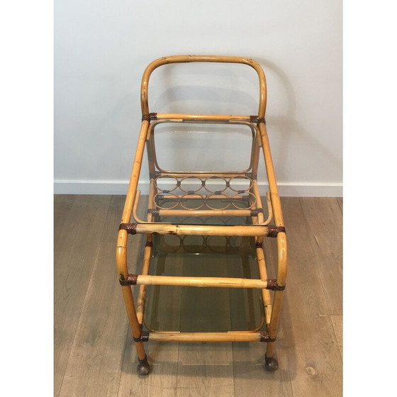 Image 1 of Rattan and leather vintage cart, France 1950