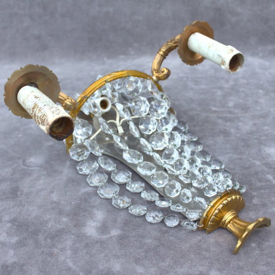 Image 1 of Antique set of 2 gilded brass sconces with crystal cutted drops romantic home decor from France