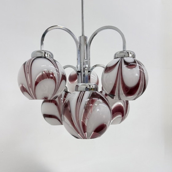 Image 1 of XL Italian purple and white murano glass swirl chandelier , 1970s