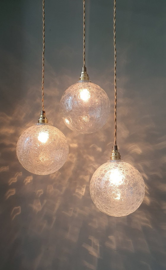 Set (3) Vintage Crackle Glass Sfera / Lampade a sospensione - Midcentury – Metal (photo 2 of 21)