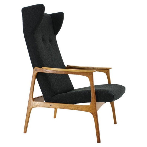 Image 1 of 1960s Mid-Century Czechoslovakian Oak Wingback Armchair in Black Bouclé