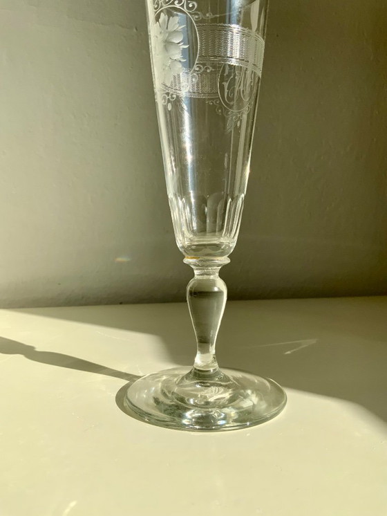 Image 1 of Bicchiere da vino/champagne in cristallo antico inciso a mano - Monogrammato - Circa 1900