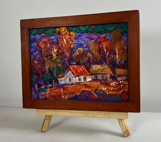Image 1 of Original Oil Painting Autumn Village Landscape Autumn night in the village