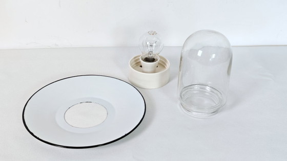 Image 1 of Vintage Industrial Enamel Wall Sconce / 1970s Yugoslavia TEP Era Flush Mount Ceiling Light / Clear Glass Capsule Lamp 