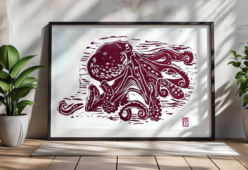 Pieuvre dans les vagues de l'océan - Linogravure bleue, a4.