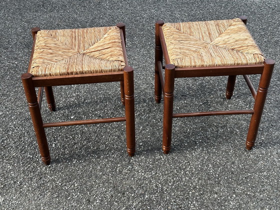 Pair of 50s Stools in Wood with Straw Seat (photo 4 of 9)