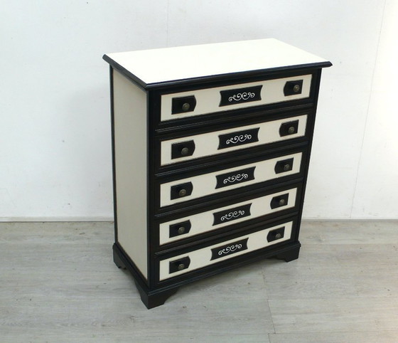 Cassettiera vintage a 5 cassetti in stile antico, bianco crema su noce scuro. – Cassettiere, Wood (photo 2 of 5)
