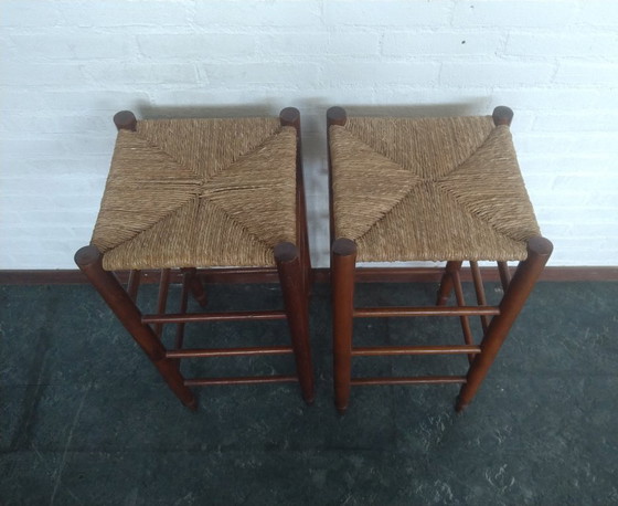 Image 1 of 2x wooden bar stools with rush seat