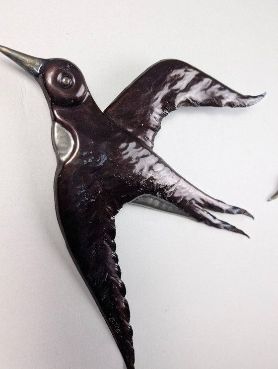 Image 1 of Pair Metal Swallow Wall Sculptures, Signed, 1970s