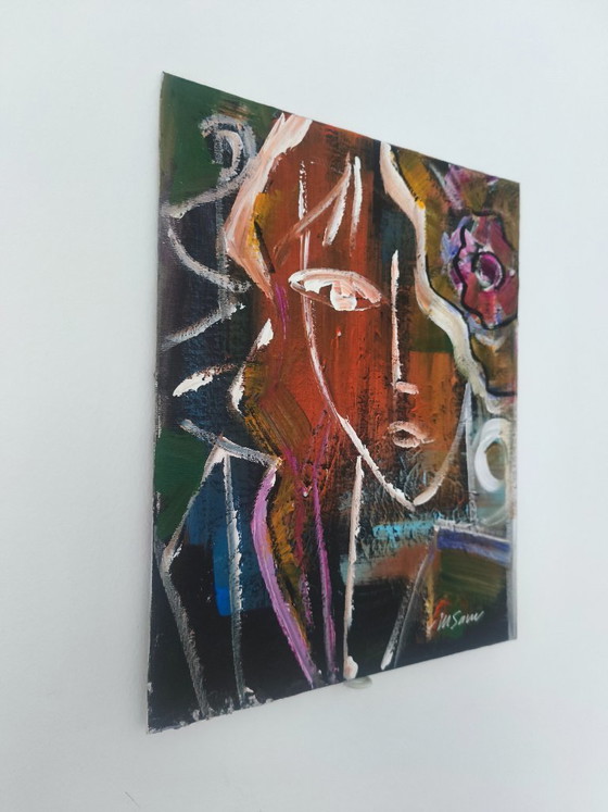 Image 1 of M Savu – Original Abstract Expressionist Portrait | Acrylic on Canvas Board | 30 × 24 cmo