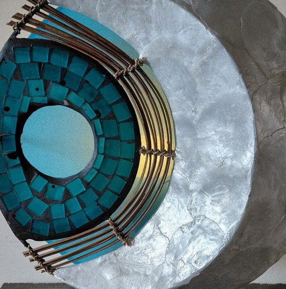 Vintage Table Lamp Of Blue Mosaic Glass, Wood And Mother-of-Pearl – Textile (photo 4 of 5)