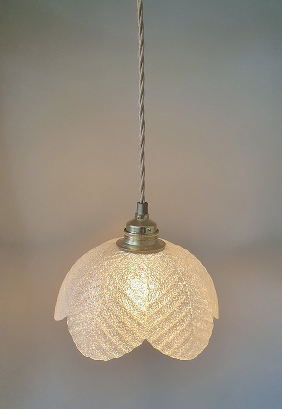 Image 1 of lampada a sospensione in vetro francese vintage a forma di fiore. Vetro blu e bianco.