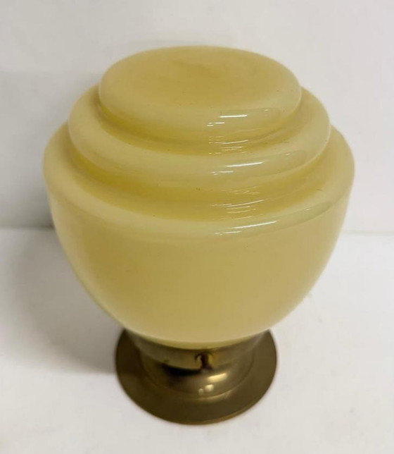 Image 1 of Art Deco Thabur lamp brass fixture yellow glazed stepped shade