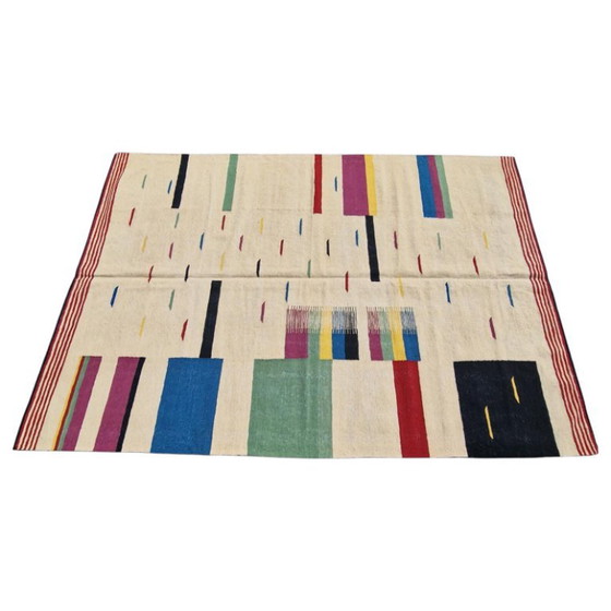 Alfombra Kilim tejida a mano | Diseño Ikat moderno | Lana sobre algodón | Beige (98 × 69 pulgadas) – Wool (photo 11 of 11)