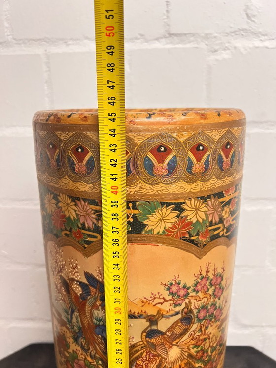 Image 1 of Vintage Satsuma large floor vase umbrella stand Japanese chinoiserie ceramic vase