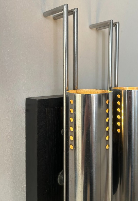 Image 1 of Coppia di applique vintage, metallo cromato e rovere annerito, Francia, 1970