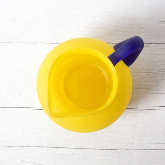 Image 1 of Small Vintage Frosted Glass Yellow and Blue Pitcher for Milk or Juice / Kosta Boda / Sweden / 1990s