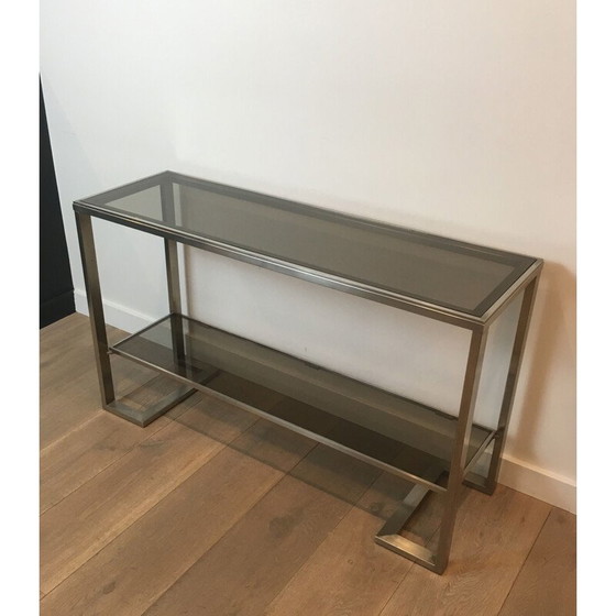 Image 1 of Vintage Console in Brushed Steel and Smoked Glass Trays 1970