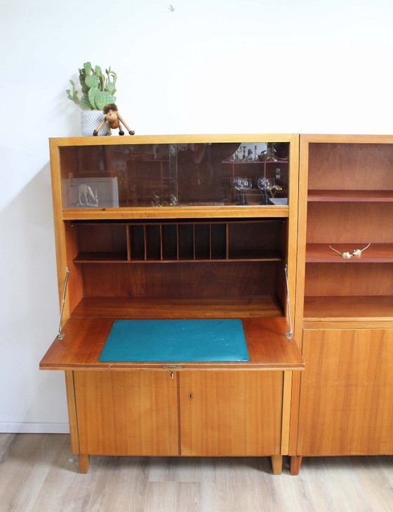 Image 1 of Houten vintage wandmeubel - Musterring. Retro Mid Century modulair kast met bureau / barretje
