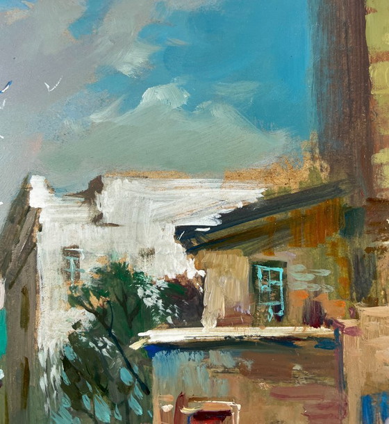 Image 1 of Peinture à l'huile originale représentant un paysage urbain, fluvial et une jetée aux couleurs du soir
