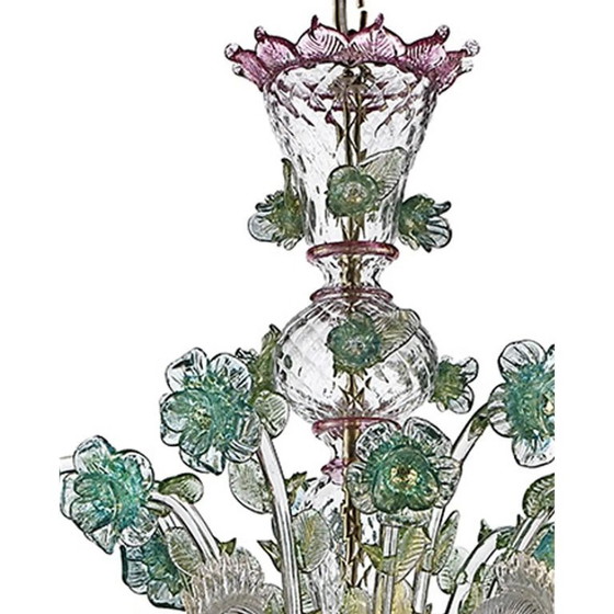Image 1 of Verzierter venezianischer Kronleuchter aus Muranoglas in Rosa und Grün mit Blumenmuster