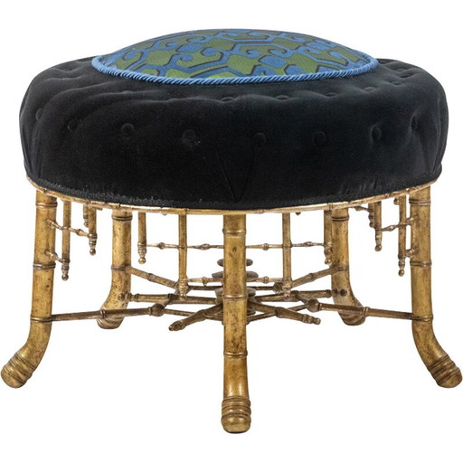 Pouf vintage en bois doré et tissu velours, France 1880