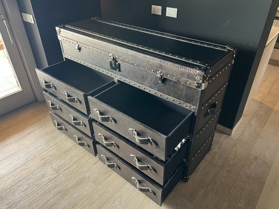 RH Leather Mayfair Steamer Trunk Cassettiera Doppia - Saddle Black I, Restoration Hardware, Cassettiere, Pelle (foto 6 di 8)