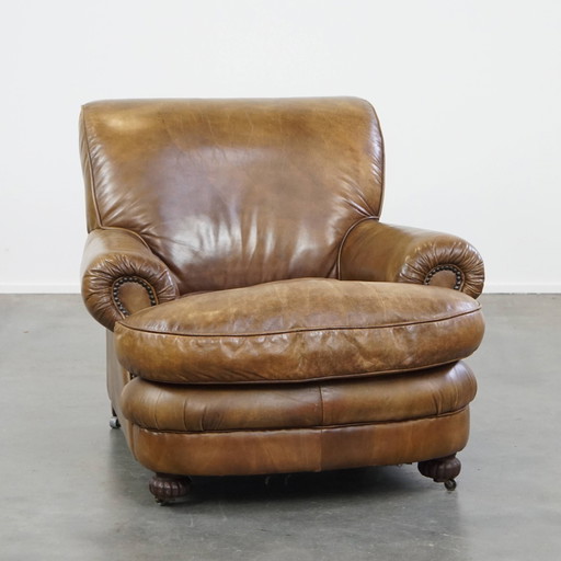 Beef Leather Vintage Design Armchair on Wheels