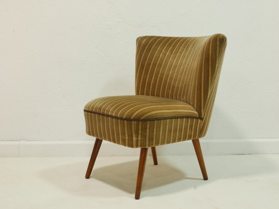 Image 1 of Vintage Cocktailsessel 60er Jahre, Mid Century Sessel, gestreifter Polsterstoff Oliv Braun Creme, Lounge Chair Germany