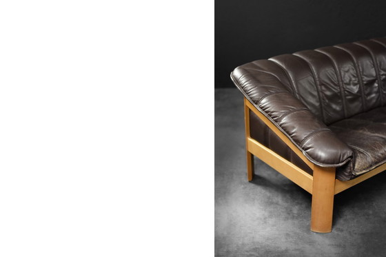 Image 1 of Divano vintage danese a 3 posti in pelle marrone, stile Mid-Century Modern, anni '70