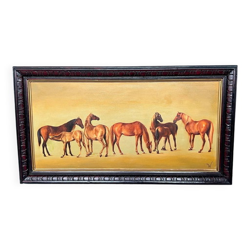 Schilderij "Merries met veulens". – schilderijen tekeningen, Canvas, Vintage