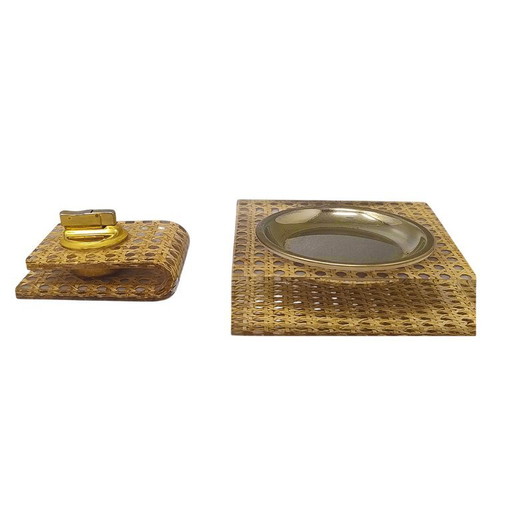 1970s Stunning Smoking Set in Vienna Straw by Geolel. Made in Italy