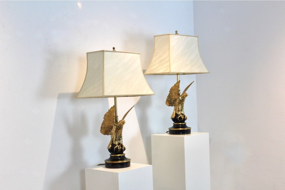 Coppia di Grandi Lampade da Tavolo Scultura Aquila in Ottone Belga per DeKnudt, Seta, Mid Century Modern (foto 16 di 16)