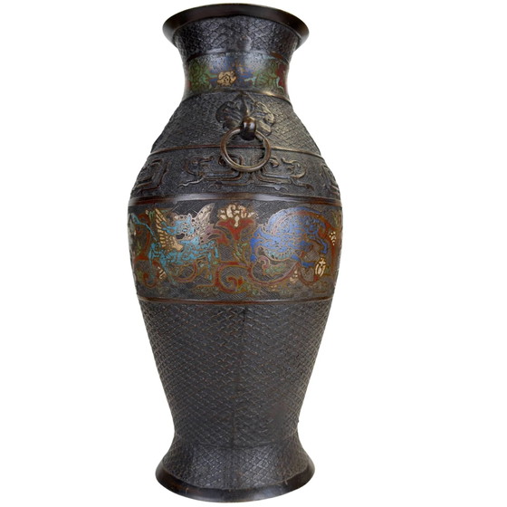 Grande Vaso Giapponese in Bronzo Champlevé con Creature Mitiche e Manici ad Anello – 43 cm – Vasi, Bronze (photo 4 of 7)