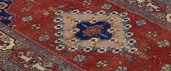Tappeto turco vintage Oushak 218 × 131 cm – Tappeto in lana con medaglione color terracotta – Tappeti, Wool (photo 6 of 10)