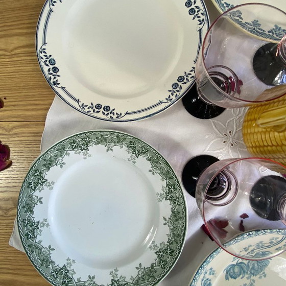 Image 1 of Set of 6 mismatched ironstone dinner plates, antique Sarreguemines earthenware, Choisy le Roi Boulenger Saint Amand