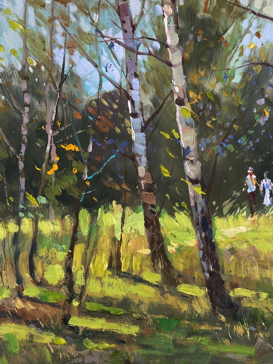 Image 1 of Peinture à l'huile originale, paysage naturel, prairie, promenade parmi les bouleaux