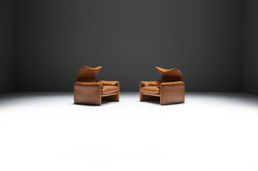 Impresionantes sillones Maralunga de cuero coñac de Vico Magistretti para Cassina