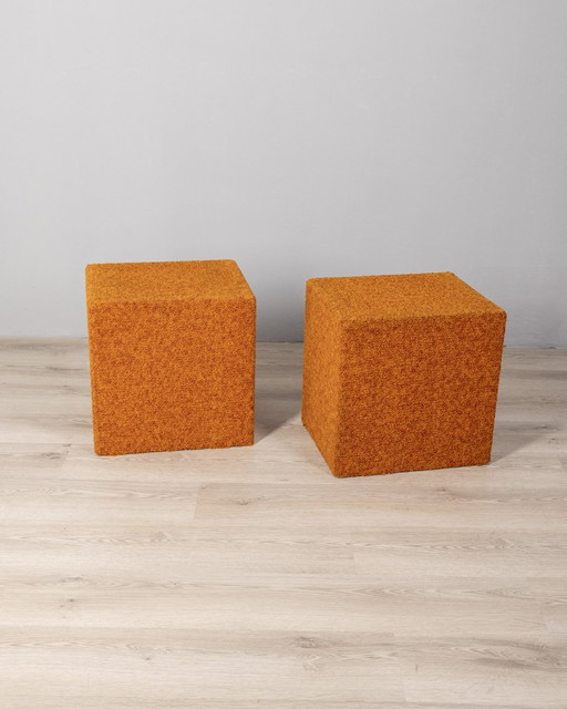 Pair of vintage 80s orange fabric poufs Italian design 