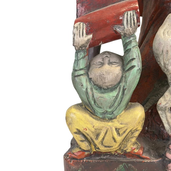 Monumentale Handgesneden Chinese Teakhouten Shoulao Beeldhouwkunst – God van de Levensduur (65.5 x 27.5 cm (photo 11 of 11)