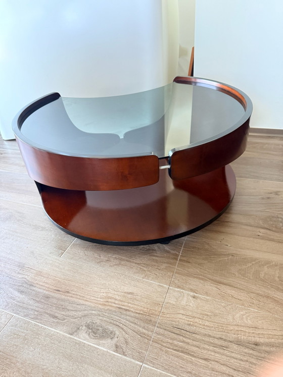 Italian Space Age Coffee Table – Smoked Glass & Curved Wood – 1970s (photo 13 of 15)
