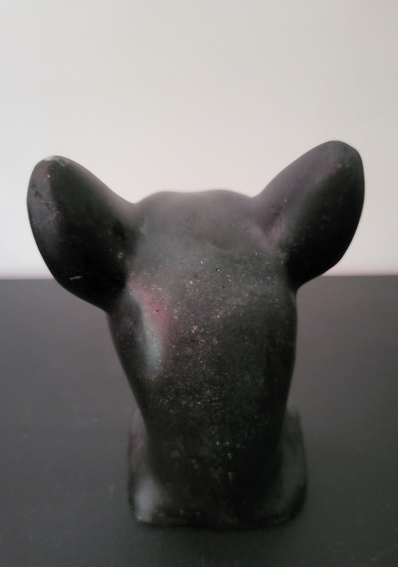 Image 1 of Black stone statuette of the Egyptian goddess Bastet.