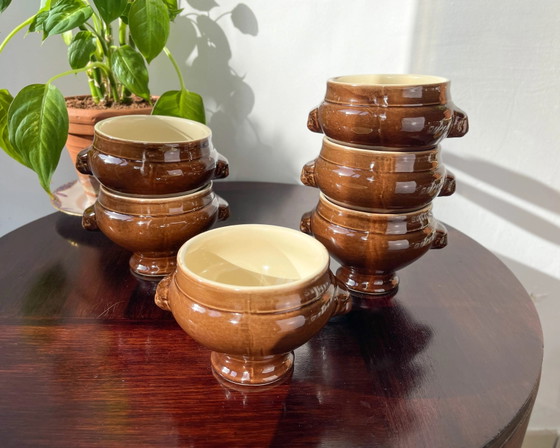 6 Vintage Ceramic Emile Henry Lion Head Onion Soup Bowls - Brown, Made in France (photo 4 of 10)